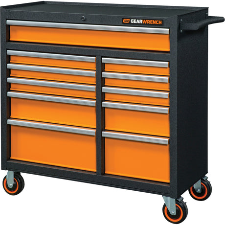 GSX Series Rolling Tool Cabinet, 11 Drawers, 41" W x 18-1/5" D x 41-1/2" H, Black/Orange