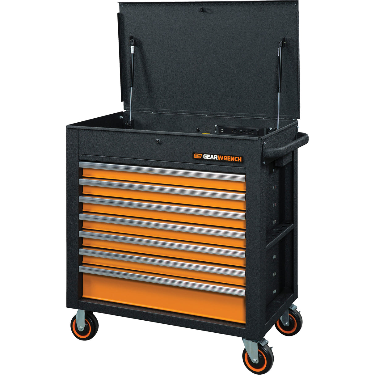 GSX Series Rolling Tool Cart with Tilt Top, 7 Drawers, 35" L x 20" W x 39" H, Black/Orange