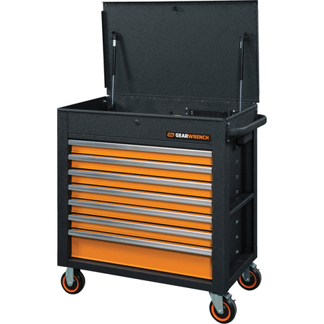 GSX Series Rolling Tool Cart with Tilt Top, 7 Drawers, 35" L x 20" W x 39" H, Black/Orange