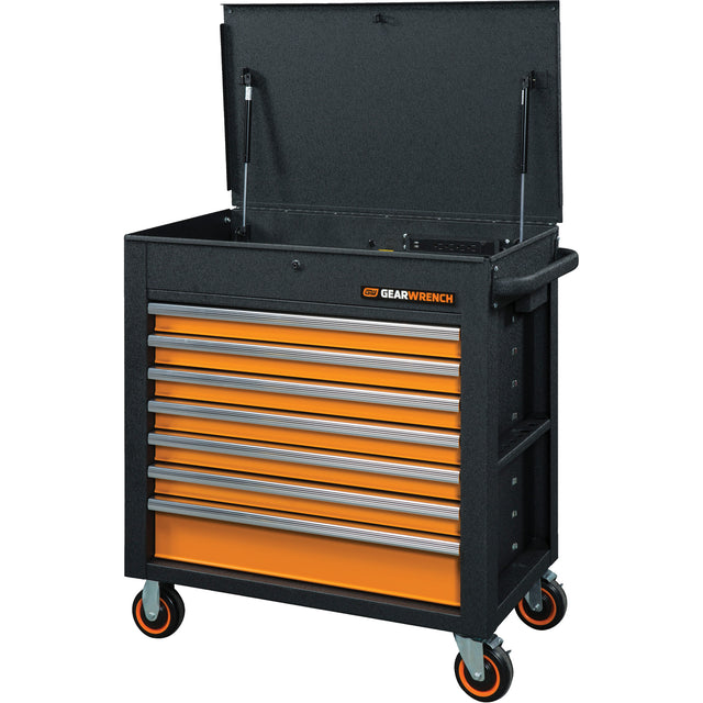 GSX Series Rolling Tool Cart with Tilt Top, 7 Drawers, 35" L x 20" W x 39" H, Black/Orange
