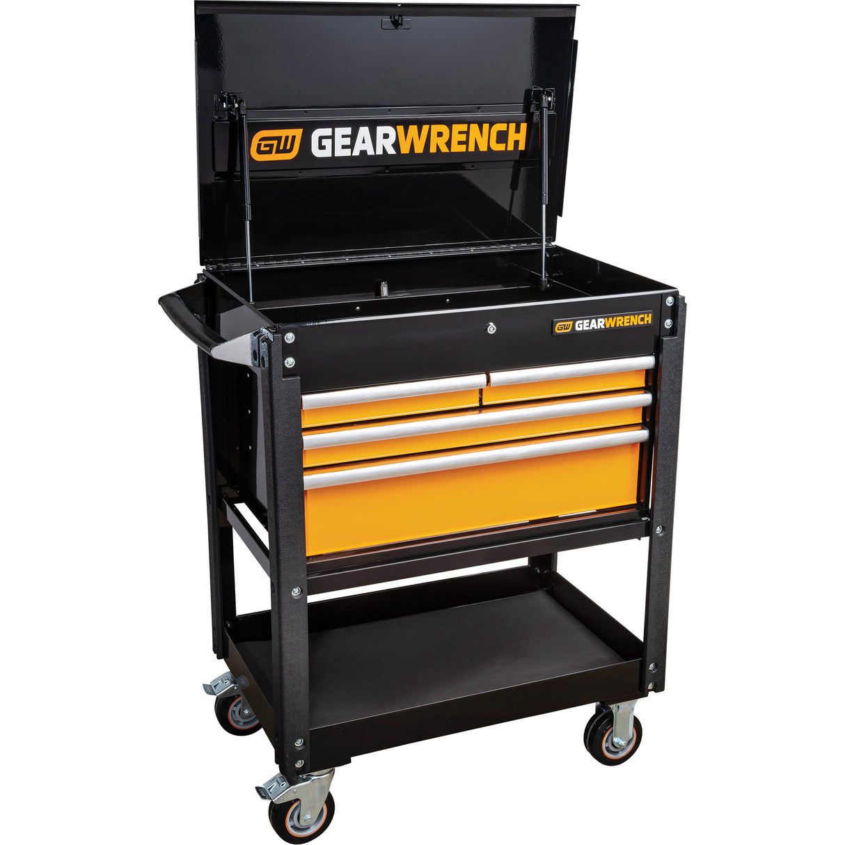Utility Cart, 4 Drawers, 33" L x 21" W x 42" H, Black/Orange