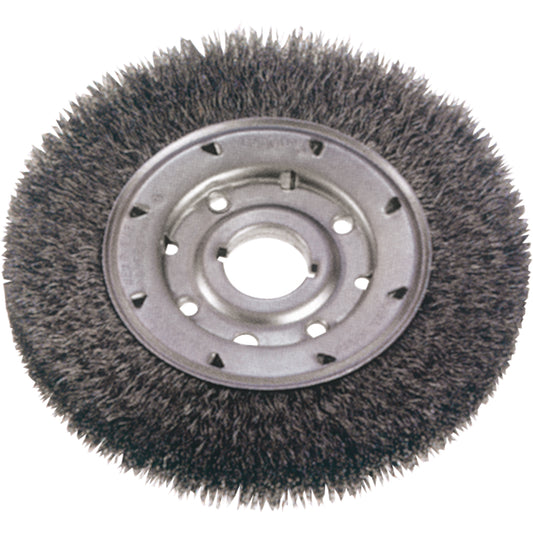 Crimped Wire Wheel Brushes - Narrow Face, 6" Dia., 0.014" Fill, 1-1/4" Arbor