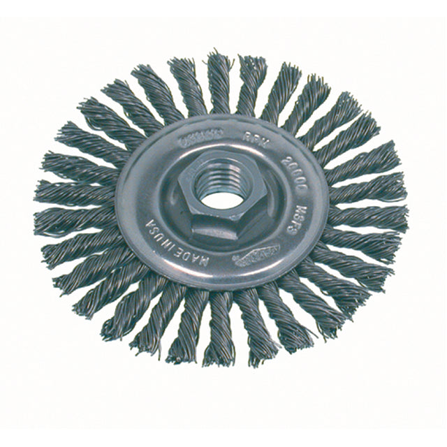 High Speed Small Grinder Stringer Bead Knot Wire Wheel Brush, 4" Dia., 0.02" Fill, 5/8"-11 Arbor, Steel