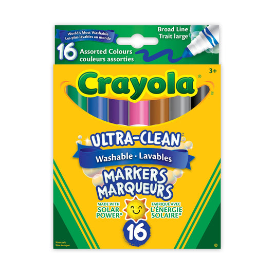Crayola Ultra-Clean Washable Broad Line Markers, Assorted Colours, 16 Count (Case of 12)
