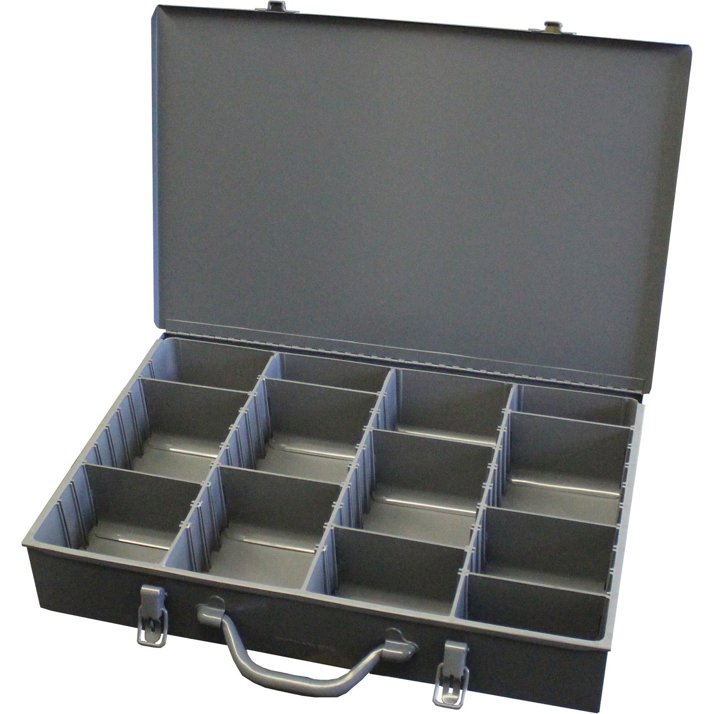 Adjustable Compartment Boxes, Steel, Variable Slots, 13-3/8" W x 9-1/4" D x 2" H, Grey