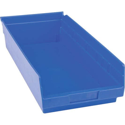 Plastic Shelf Bins, 8-3/8" W x 4" H x 17-7/8" D, Blue, 20 lbs. Capacity