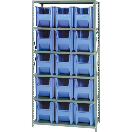 Shelving Unit with Stacking Bins, Steel, Boltless, 800 lbs. Capacity, 36" W x 75" H x 18" D