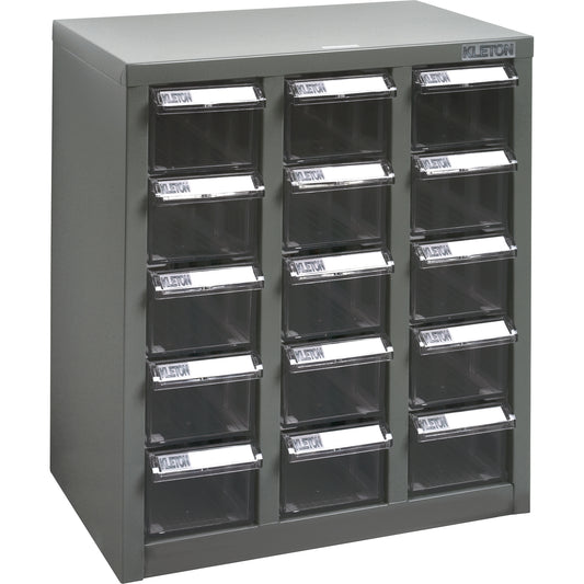 KPC-500 Parts Cabinet, Steel, 15 Drawers, 14" x 8-2/3" x 16-1/3", Grey