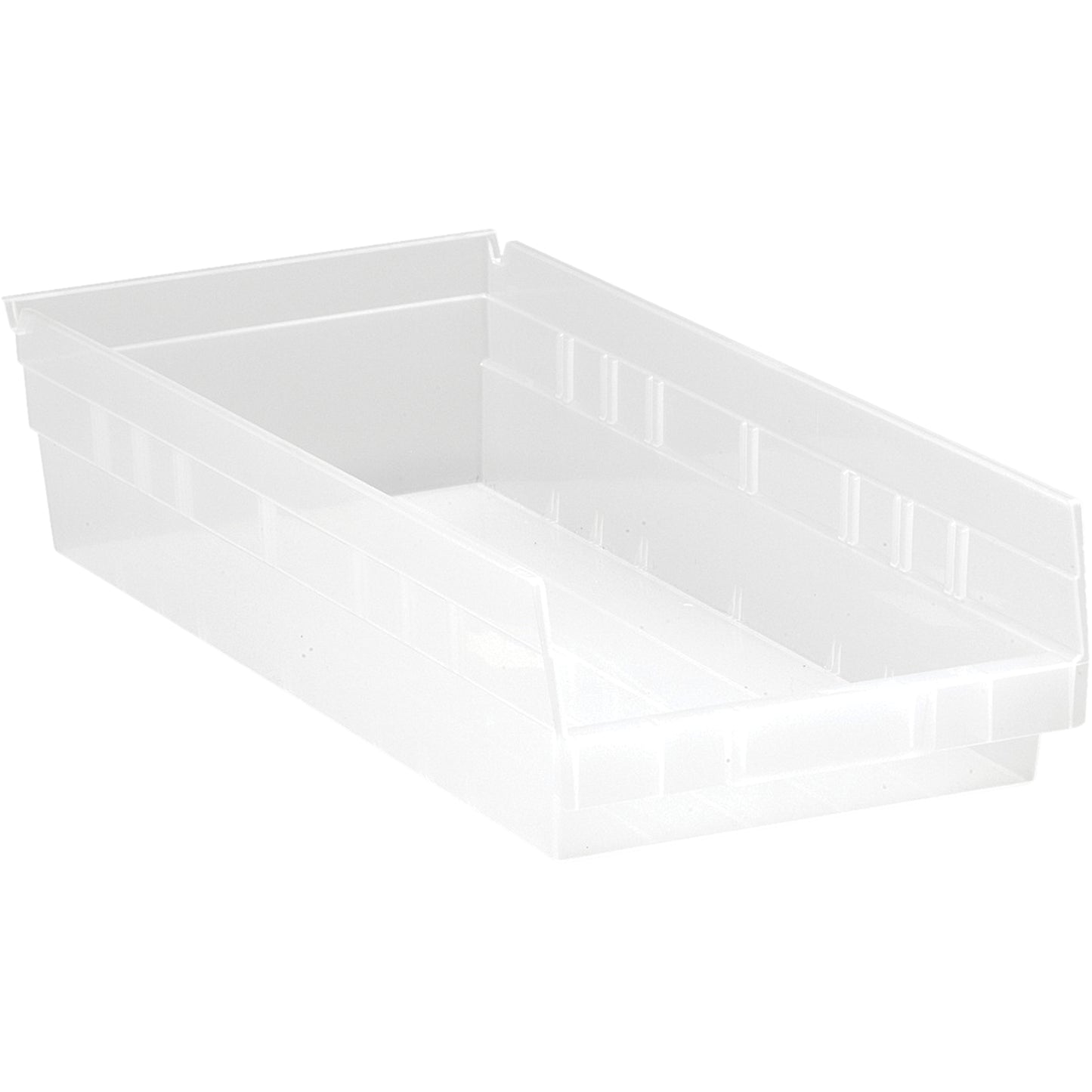 Shelf Bins, 8-3/8" W x 4" H x 17-7/8" D, Clear, 40 lbs. Capacity