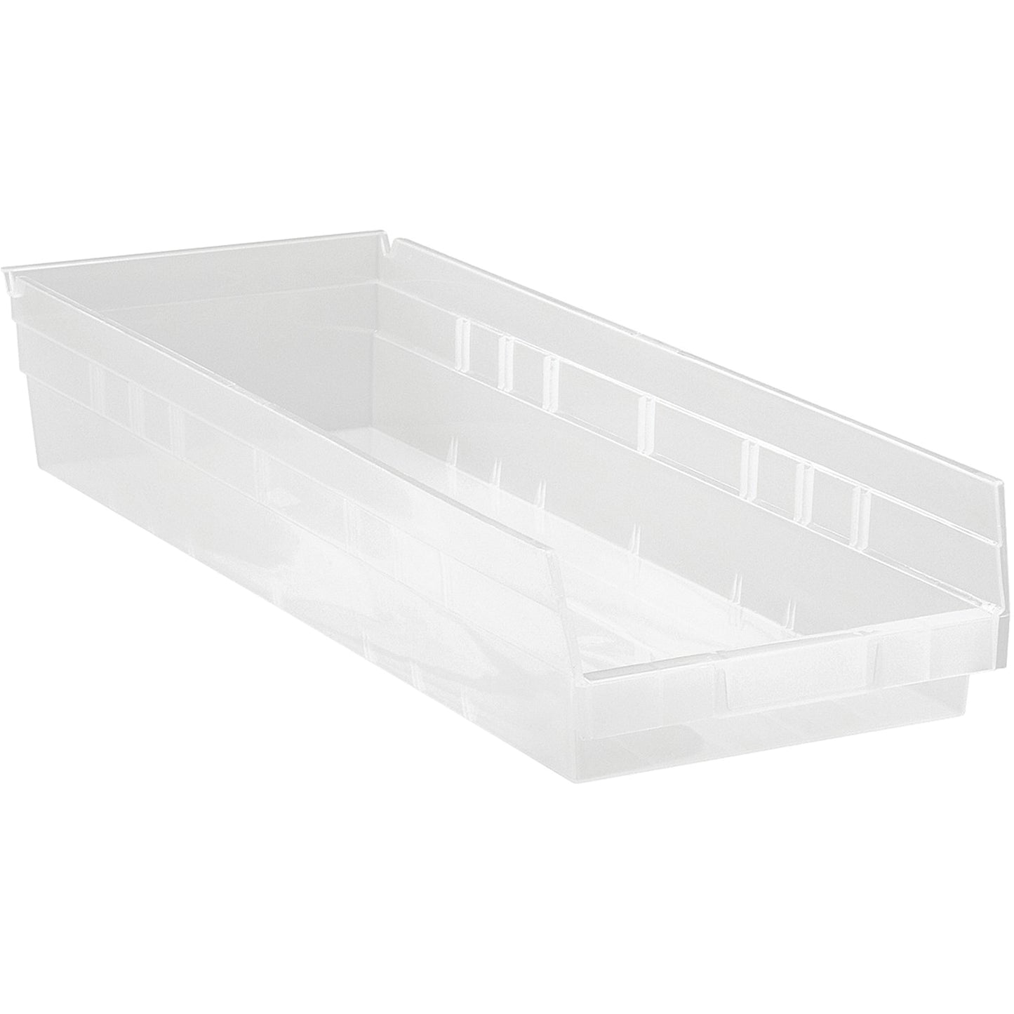 Shelf Bins, 8-3/8" W x 4" H x 23-5/8" D, Clear, 50 lbs. Capacity