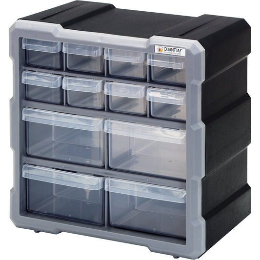Drawer Cabinet, Plastic, 12 Drawers, 10-1/2" x 6-1/4" x 10-1/4", Black