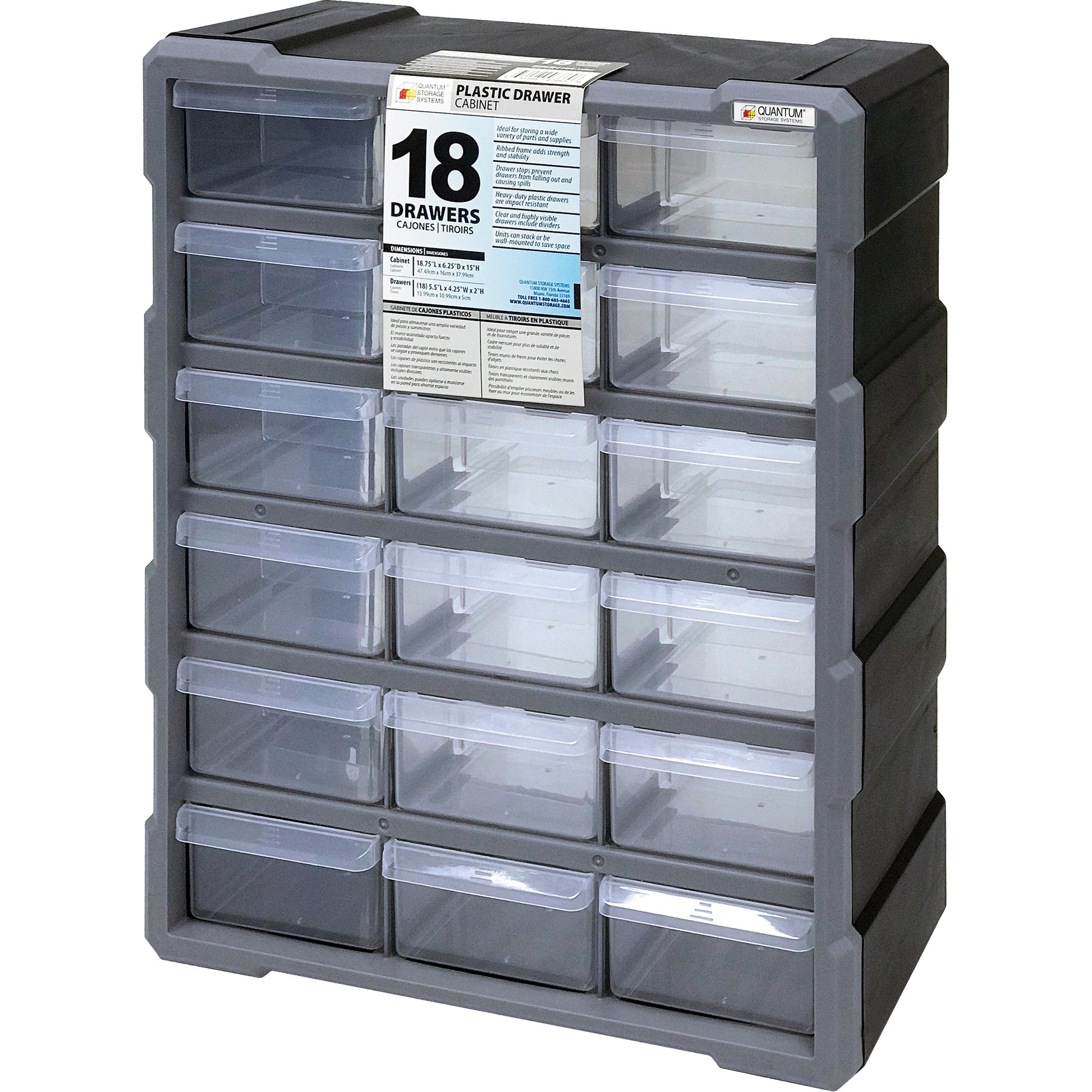 Drawer Cabinet, Plastic, 18 Drawers, 15" x 6-1/4" x 18-3/4", Black
