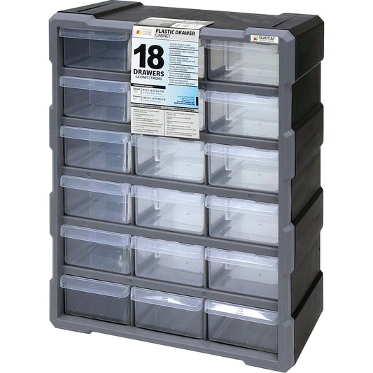 Drawer Cabinet, Plastic, 18 Drawers, 15" x 6-1/4" x 18-3/4", Black