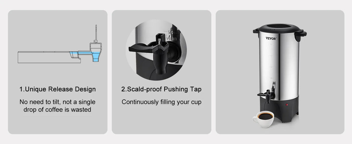 VEVOR Commercial Coffee Urn, 50 Cups Stainless Steel Large Coffee Dispenser, 1000W 110V Electric Coffee Maker Urn For Quick Brewing, Hot Water Urn with Detachable Power Cord for Easy Cleaning, Silver extra image