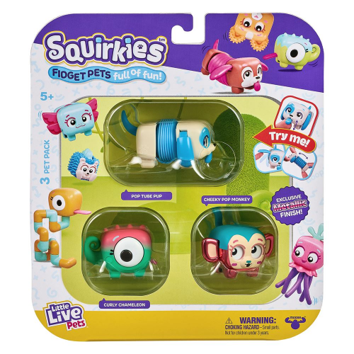 SQUIRKIES - 3pk FIDGET PETS ( Dog,Chameleon,Monkey ) (Case of 4)