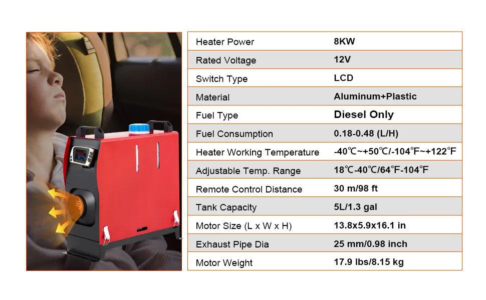 VEVOR 8KW Diesel Air Heater Muffler Diesel Heater 12V 8000W Diesel Parking Heater Remote Control Remote Control with LCD Switch for Car Bus Trucks Motorhome and Boats extra image