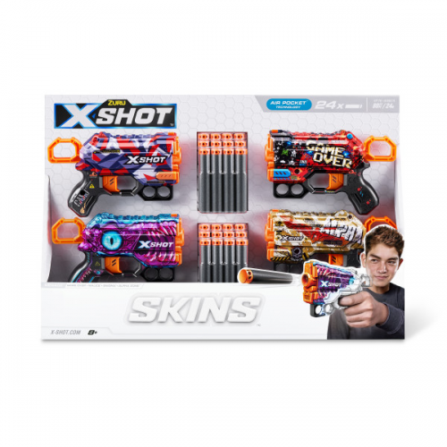 ZURU - X-SHOT - SKINS MENACE DART BLASTER 4 PACK (w/24 DARTS) (Case of 6)