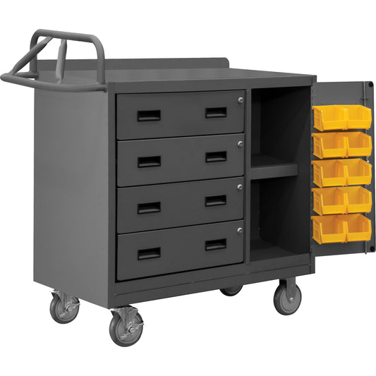 Mobile Workbench Cabinet with Bins, Steel Surface