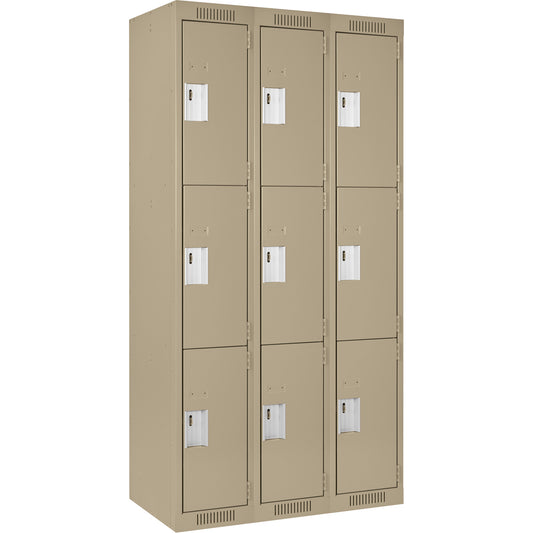 Clean Line™ Lockers, 3 -tier, Bank of 3, 54" x 18" x 72", Steel, Beige, Rivet (Assembled)