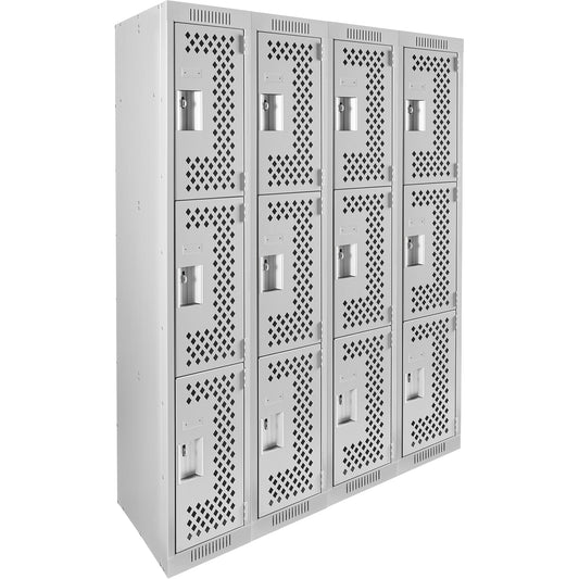Clean Line™ Lockers, 3 -tier, Bank of 4, 48" x 12" x 72", Steel, Grey, Rivet (Assembled), Perforated