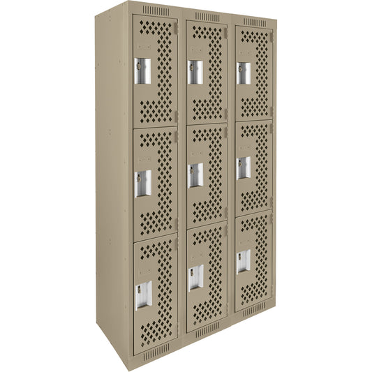 Clean Line™ Lockers, 3 -tier, Bank of 3, 36" x 18" x 72", Steel, Beige, Rivet (Assembled), Perforated