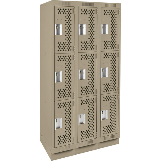 Clean Line™ Lockers, 3 -tier, Bank of 3, 36" x 12" x 76", Steel, Beige, Rivet (Assembled), Perforated