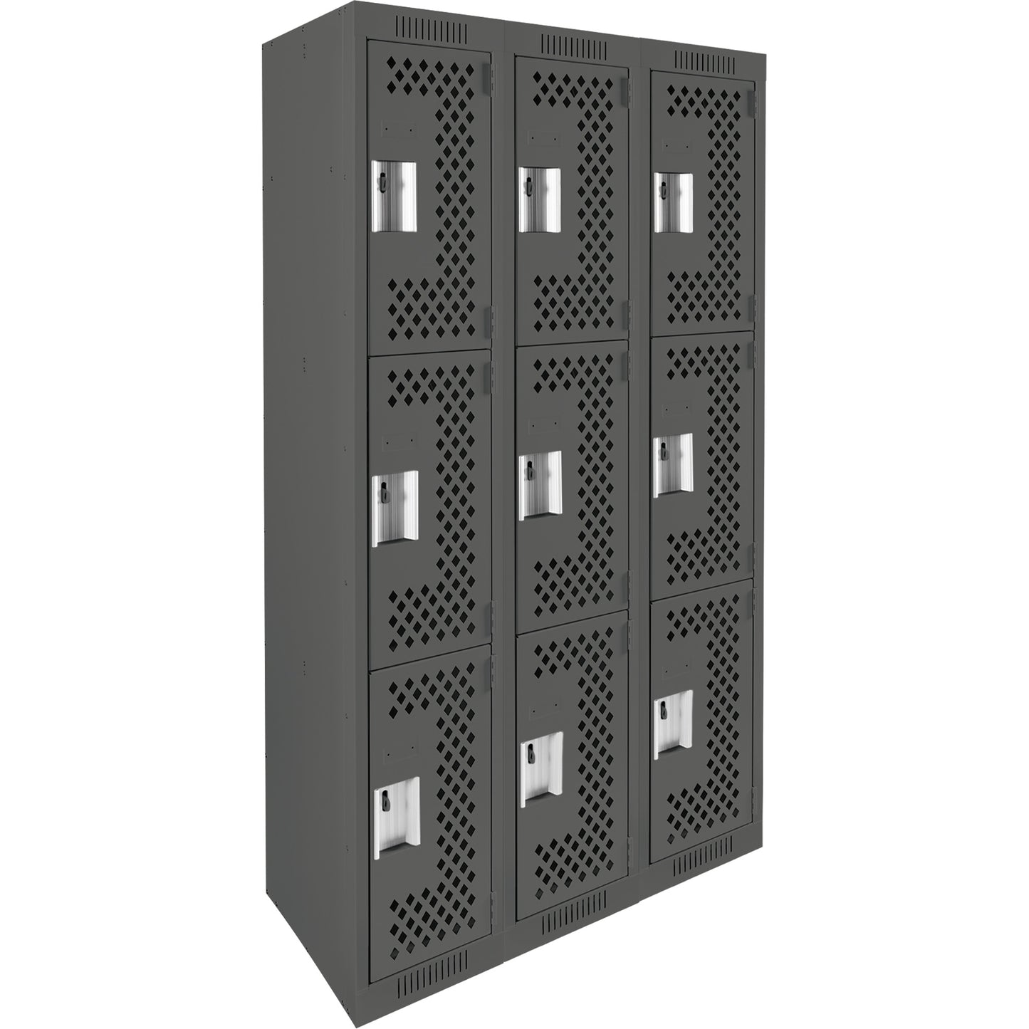 Clean Line™ Lockers, 3 -tier, Bank of 3, 36" x 12" x 72", Steel, Charcoal, Rivet (Assembled), Perforated