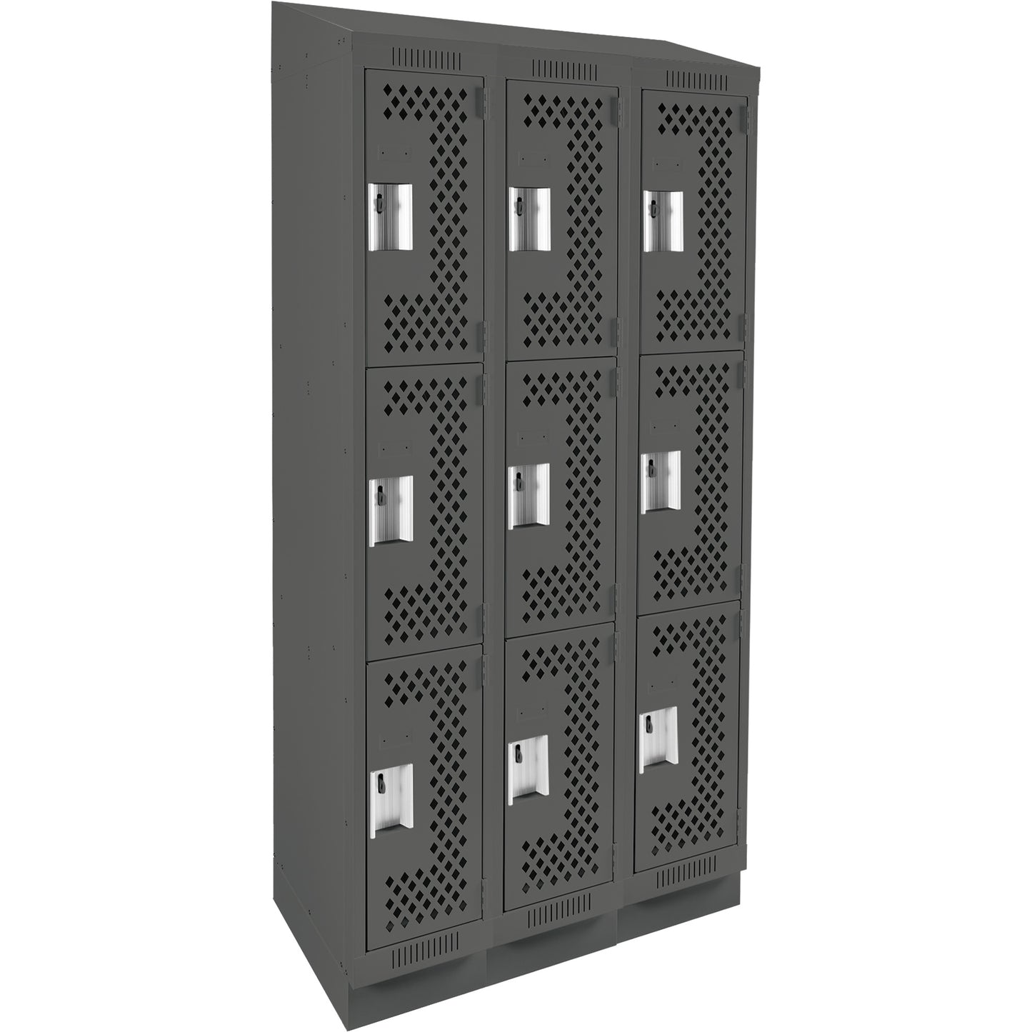 Clean Line™ Lockers, 3 -tier, Bank of 3, 36" x 15" x 82", Steel, Charcoal, Rivet (Assembled), Perforated