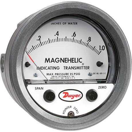 605 Series Magnehelic® Differential Pressure Gauge & Indicating Transmitter, 4" , 0 - 1 in. w.c., Panel Mount, Analogue