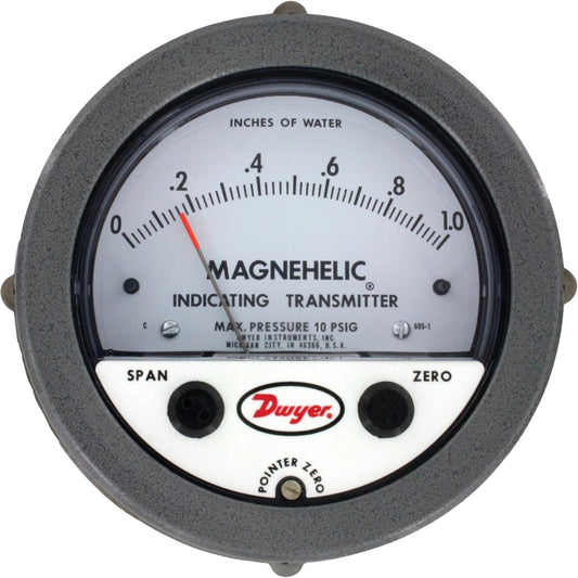 605 Series Magnehelic® Differential Pressure Gauge & Indicating Transmitter, 4" , 0 - 20 in. w.c., Panel Mount, Analogue