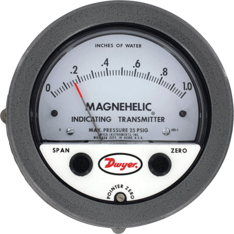 605 Series Magnehelic® Differential Pressure Gauge & Indicating Transmitter, 4" , 0 - 0.25 kPa, Panel Mount, Analogue