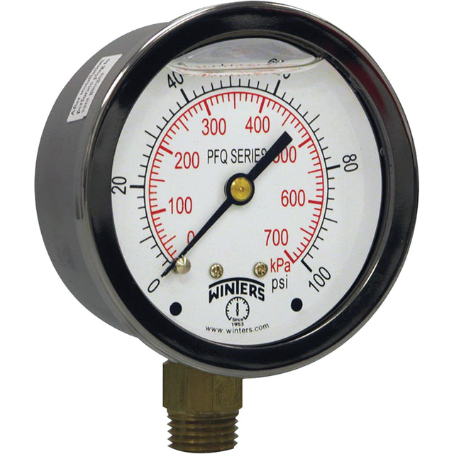 Brass Pressure Gauge, 2-1/2" , 0 - 100 psi, Bottom Mount, Liquid Filled Analogue