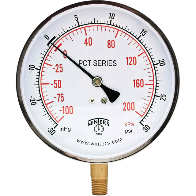 Contractor Pressure Gauge, 4-1/2" , 30 - 0 - 30 psi, Bottom Mount, Analogue
