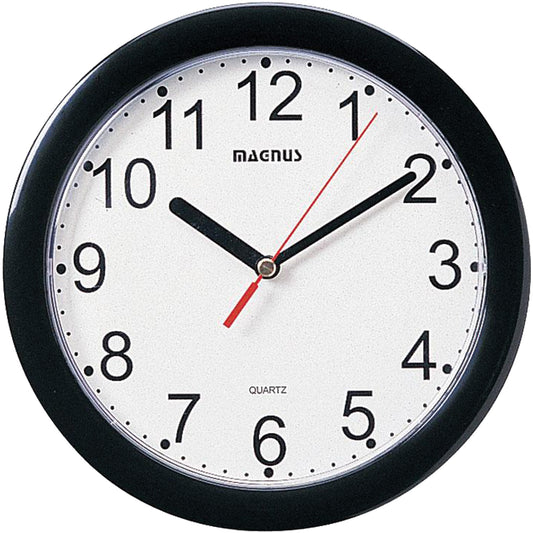Round Clock, Analog, Battery Operated, 8" dia., Black
