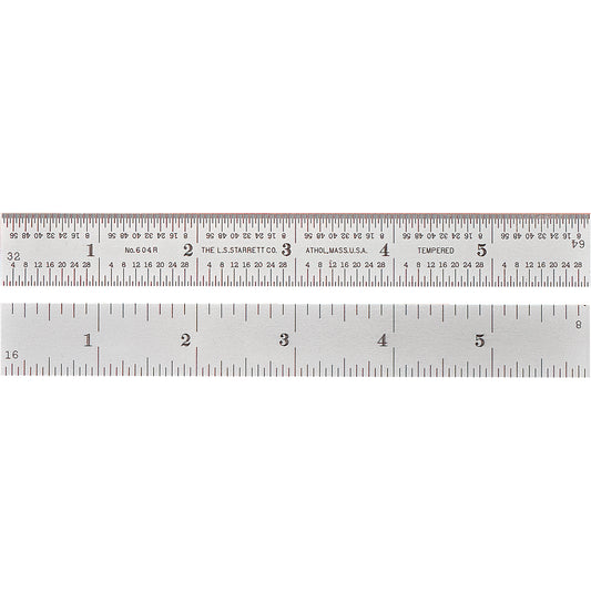 Semi-Flexible Rule, 6" L, Steel, 1/8"/1/16"/1/32"/1/64" Graduations
