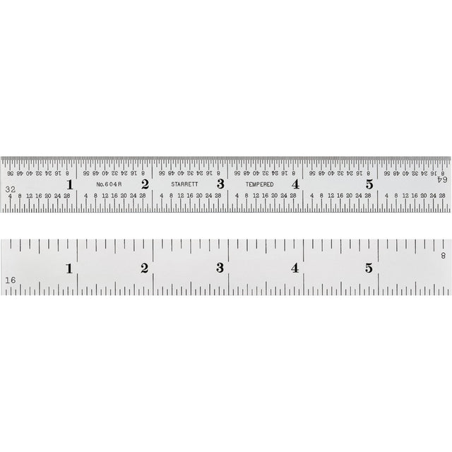 Spring-Tempered Rule, 6" L, Steel, 1/8"/1/16"/1/32"/1/64" Graduations