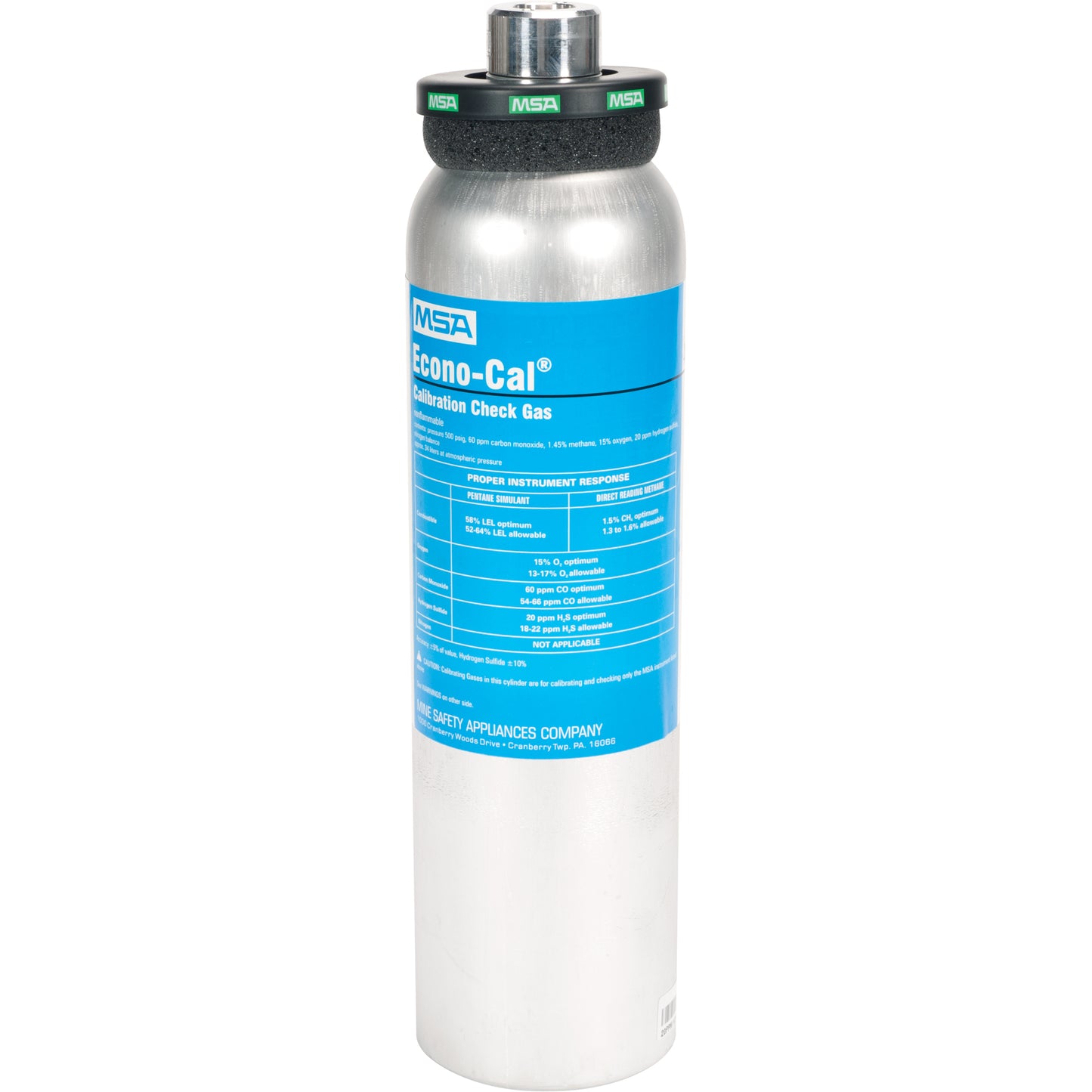 MSA Calibration Testing Gas, 4 Gas Mix, CH4/CO/H2S/O2, 34 Litres