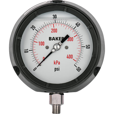 Pressure Gauge, 4-1/2" , 0-60 psi/0-400 kPa, Bottom Mount, Liquid Filled Analogue