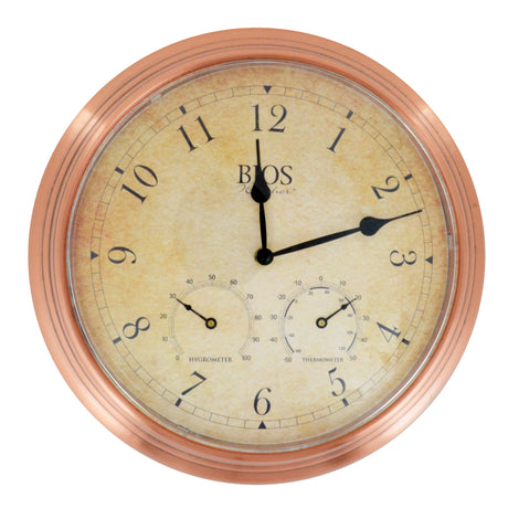 3-in-1 Outdoor Clock, Analog, Battery Operated, 14" Dia., Brown