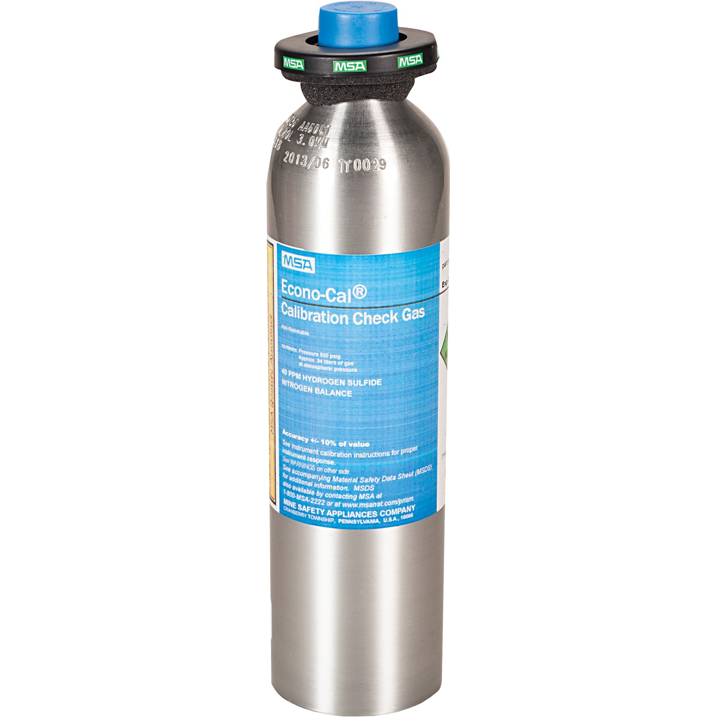 MSA Calibration Testing Gas Cylinder, 1 Gas Mix, CL2, 34 Litres