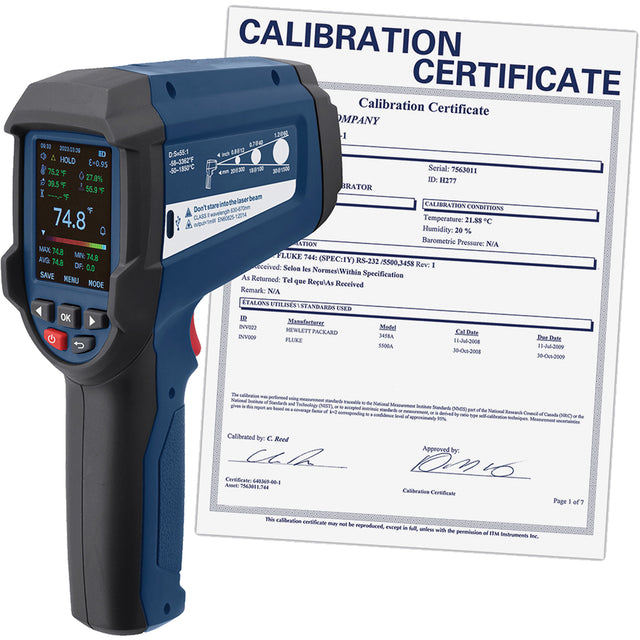Professional Infrared Thermometer with Integrated Type K Thermocouple & Calibration Certificate, -58 - 3362°F (-50 - 1850°C), 55:1, Adjustable Emmissivity