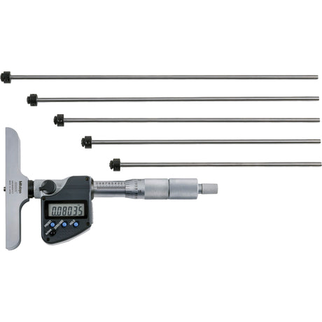 Digital Depth Micrometer with Interchangeable Rod, 0" - 12" (0 mm - 304.8 mm) Range, 0.00005" (0.001 mm) Resolution