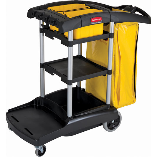 High Capacity Cleaning Carts With Bins, 49-1/4" x 21-3/4" x 38", Plastic, Black/Yellow