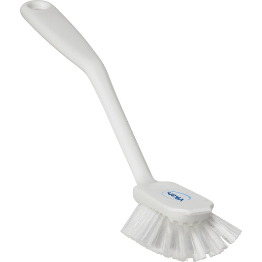 Dish Brush with Scraper, Medium Bristles, 11" Long, White