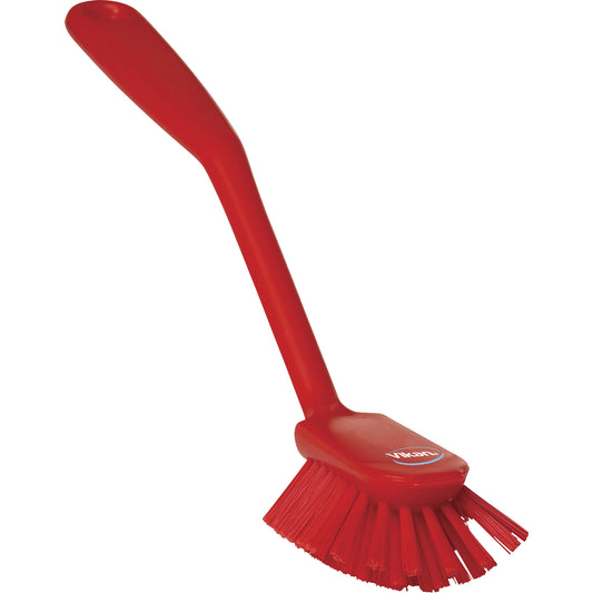 Dish Brush with Scraper, Medium Bristles, 11" Long, Red