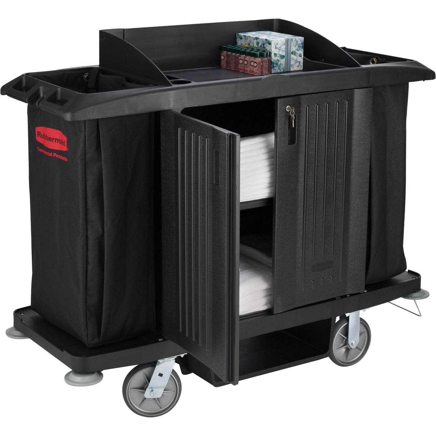 Executive Full-Size Housekeeping Cart with Doors, 60" x 22" x 50", Plastic, Black