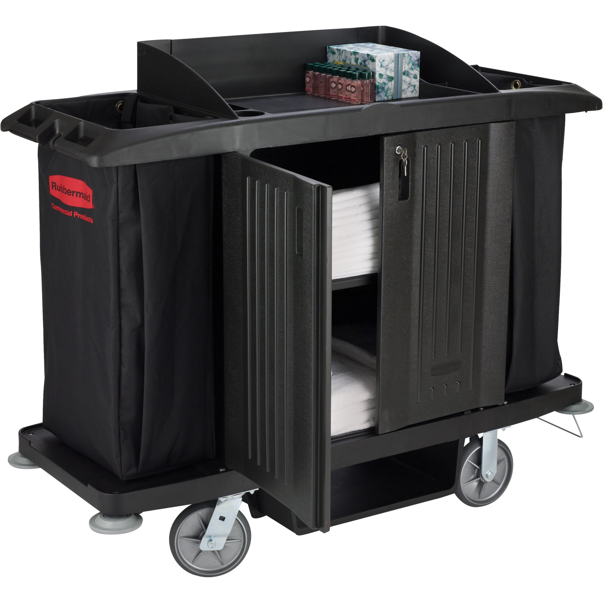 Executive Full-Size Housekeeping Cart with Doors, 60" x 22" x 50", Plastic, Black