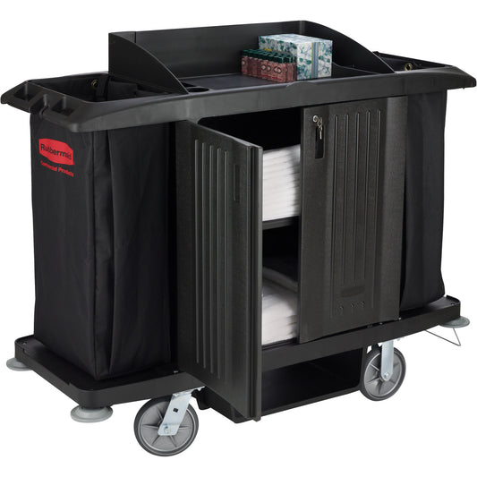 Executive Full-Size Housekeeping Cart with Doors, 60" x 22" x 50", Plastic, Black