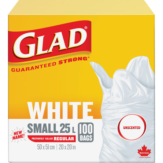 Small 25L Unscented Garbage Bags, Regular, 20" W x 20" L, White
