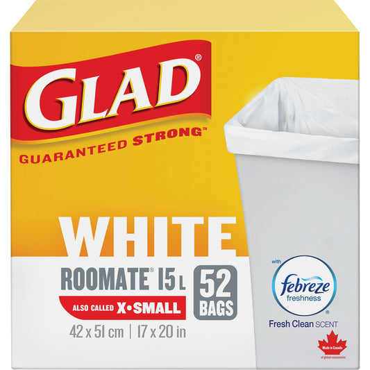 X-Small 15L Roommate Febreze Garbage Bags, Regular, 17" W x 20" L, White
